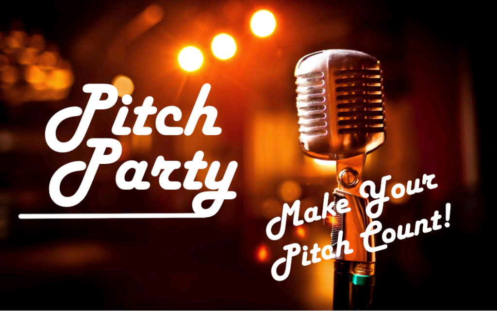 Text "Pitch Party: Make your pitch count" over graphic of retro style microphone
